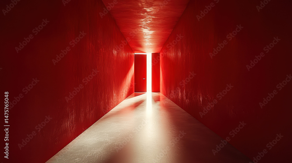 Poster geometric lines create an endless maze toward a bright doorway, representing complex problem solving