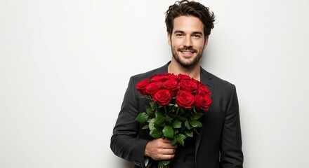 Smiling man in suit holding a bouquet of red roses against white background
