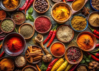 Panoramic View of Vibrant Assorted Spices, Culinary Herbs and Ingredients