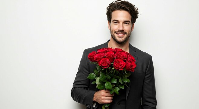 Smiling man in suit holding a bouquet of red roses against white background - Powered by Adobe