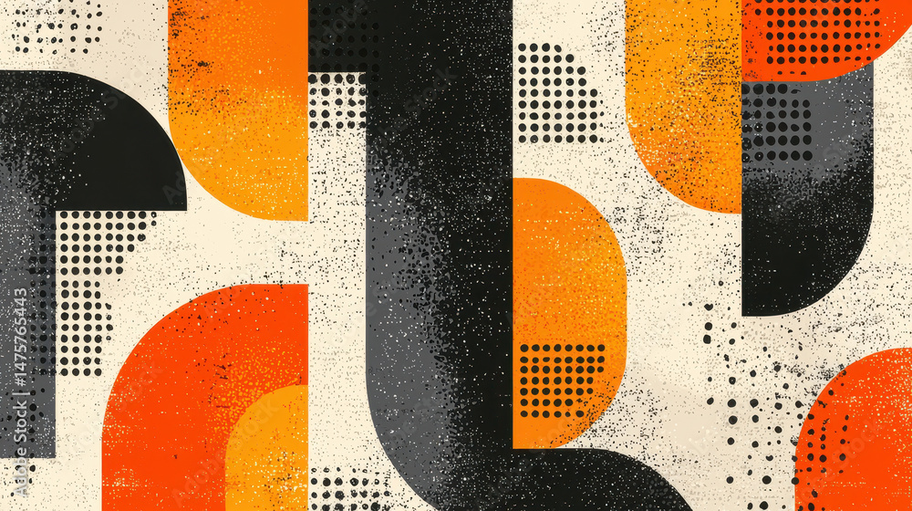 Poster fractal-inspired design radiating vibrant orange and dark shapes, textured with dotted patterns and 