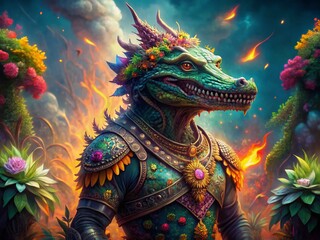 Fototapeta premium Pastel Double-Faced Crocodile Warrior in Floral Inferno: Fantasy Landscape