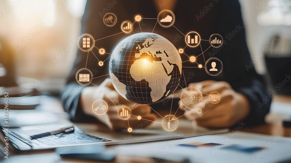 Poster a woman is holding a globe with many icons on it. the globe is surrounded by a network of lines and 