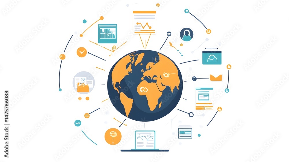 Aufkleber a woman is holding a globe with many icons on it. the globe is surrounded by a network of lines and 