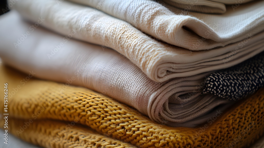 Poster close-up view of folded and stacked fabrics in various colors.