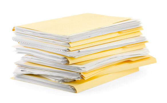 Stack of file folders with papers isolated on white