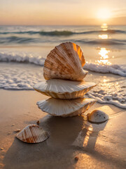 Serene Sunset Beach with Scattered Seashells on Soft Sand