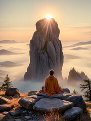 Man Gazing at Majestic Mountain Peaks Under Dramatic Sky