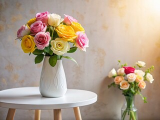 Pink and Yellow Roses in Modern White Vase on White Side Table - Elegant Floral Still Life