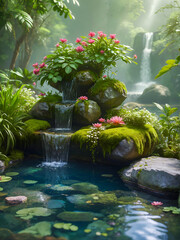 Dreamy Waterfall Pool with Mossy Rock and Rustic Wooden Bridge