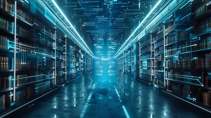 Obraz premium Digital law library filled with holographic case files futuristic design deep blue tones