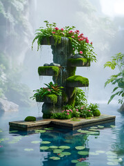 Dreamy Waterfall Pool with Mossy Rock and Rustic Wooden Bridge