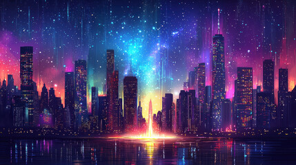 Obraz premium A dynamic water fountain shoots up from the river with lively colored lights against the backdrop of a brightly lit skyline on a dark starlit night.