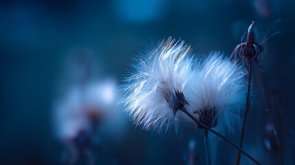 Fototapeta premium Close up of white dandelion seed gently blowing wind glowing under soft blue lighting dreamlike peaceful ambiance delicate movement natural beauty captured moment cut out isolated transparent