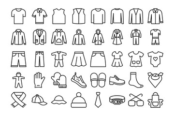 Clothes editable stroke outline icons set. Fashion line icon collection. Shirt, sweater, dress, jacket, cap, jumper, skirt, and etc. Apparel vector illustration