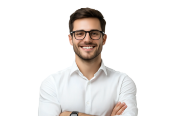 Man wearing a white dress shirt with arms crossed, showcasing confidence and poise, on transparent background