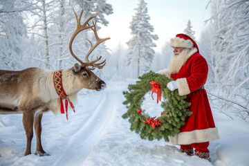 Festive Santa and Reindeer in Snowy Forest Welcoming the New Year Celebration