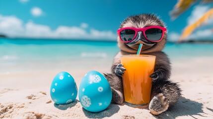 Obraz premium A cute duckling wea sunglasses enjoys a refreshing orange juice drink on a tropical beach with Easter eggs.