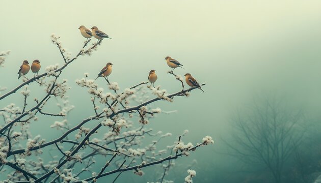 Flock of birds perched on a frosted winter tree branch.