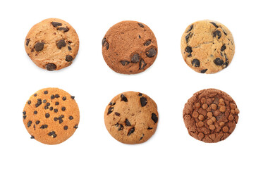 Yummy chocolate chip cookies isolated on white, set
