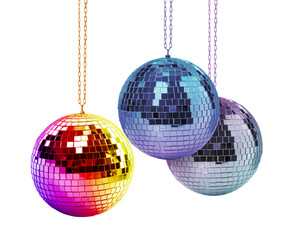 Different shiny disco balls on white background