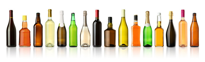 Bottles with different types of alcoholic drinks isolated on white, set
