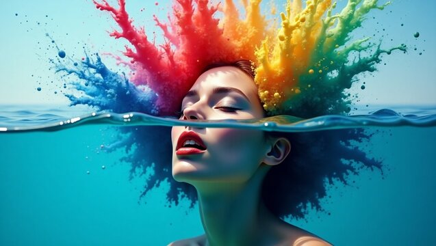 uma pessoa com express&atilde;o de &ecirc;xtase emergindo da &aacute;gua, com cabelos coloridos