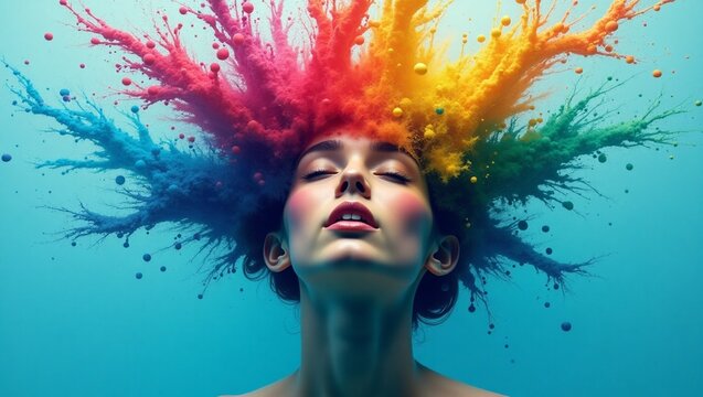 uma pessoa com express&atilde;o de &ecirc;xtase e cabelos coloridos.