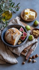Fototapeta premium Fresh sourdough with figs, walnuts, and butter on linen in rustic setting