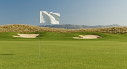 Obraz premium Golf course with a blank white flag mockup on a sunny day.
