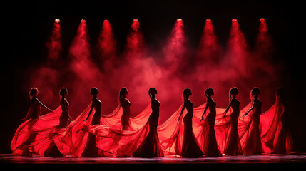 Dynamic dancers in red gowns move gracefully with flowing fabric, illuminated by vibrant stage lights captu fluid motion du theatrical performance.