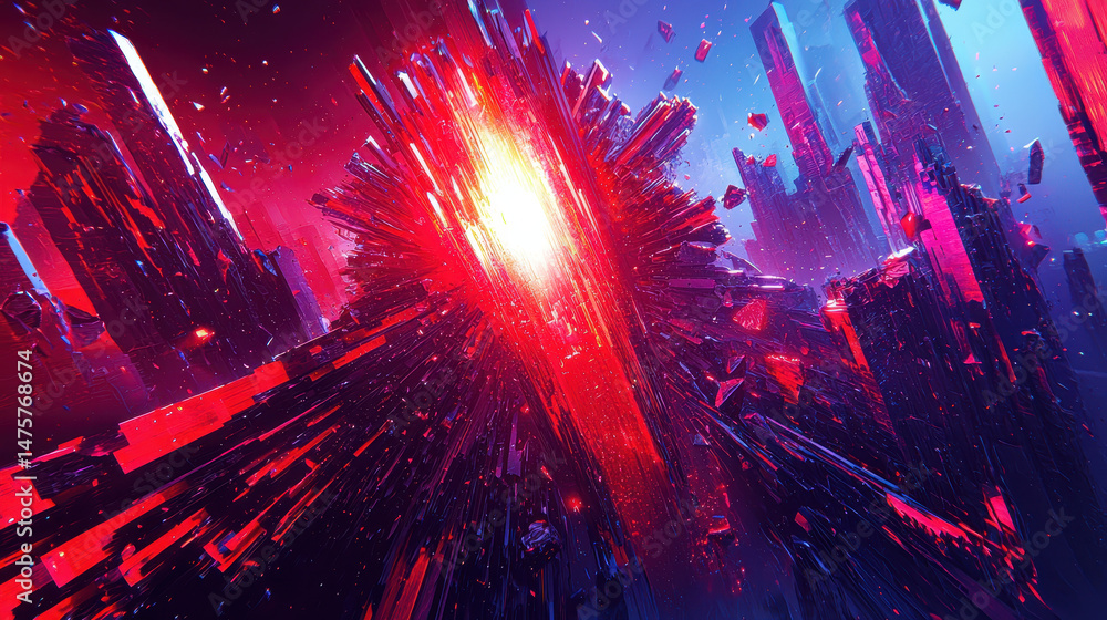 Poster dynamic abstract shapes collide, creating a vibrant burst of light and energy, angles suggesting a p