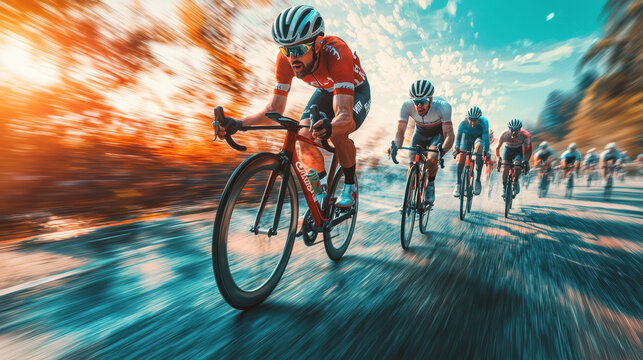 Dynamic cyclists racing through sunlit city streets with energetic speed, showcasing athleticism and endurance in a competitive road race event du daytime.