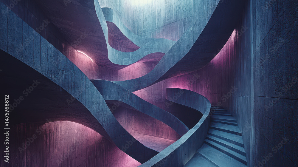 Poster an abstract dynamic sculpture showcasing flowing forms and textures with elegant curves illuminated 