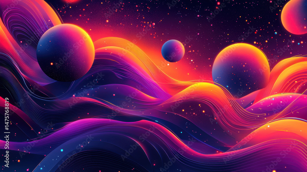 Poster dynamic abstract sculpture with flowing forms representing cosmic energy and vibrant colors, creatin