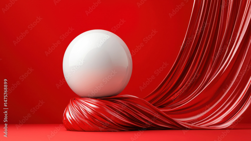 Poster dynamic abstract sculpture with flowing red forms represents a modern artistic vision, highlighted b