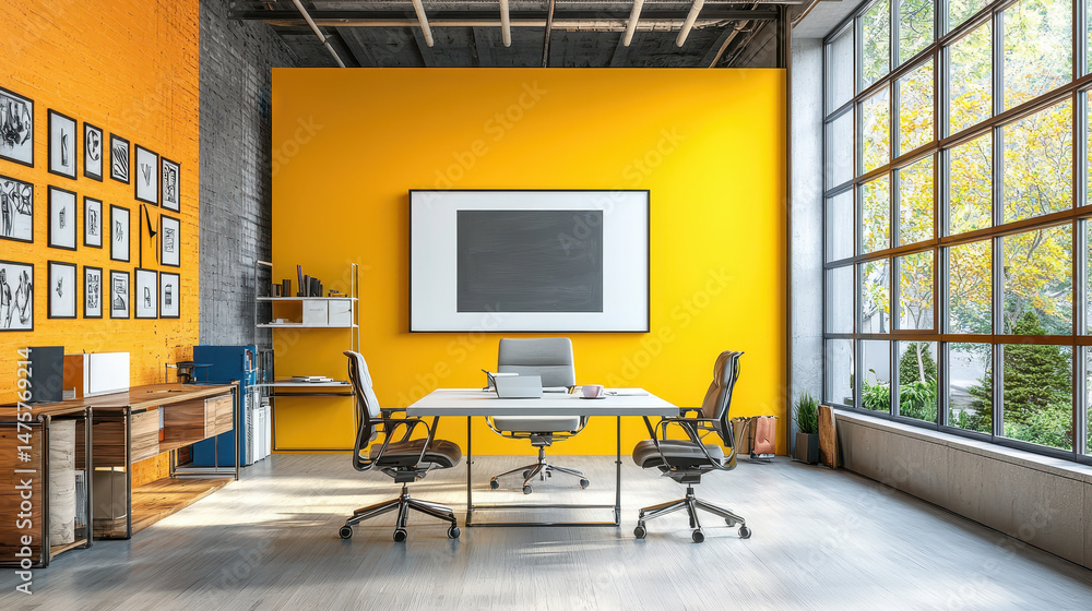Poster modern office with cubist-inspired design featu bold blocks of color, creating a vibrant and creativ