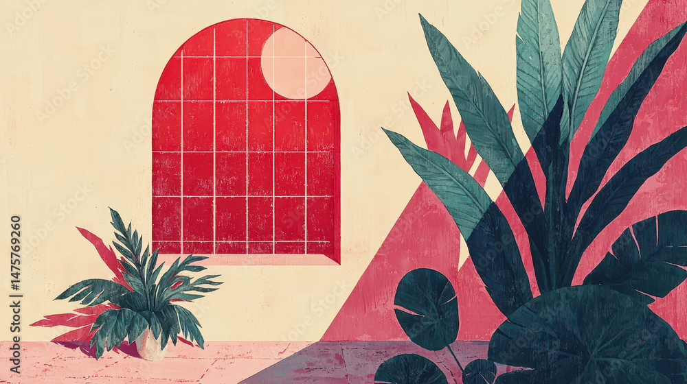 Poster bold color blocks create a cubist inspired interior scene with a red arched window and lush green pl