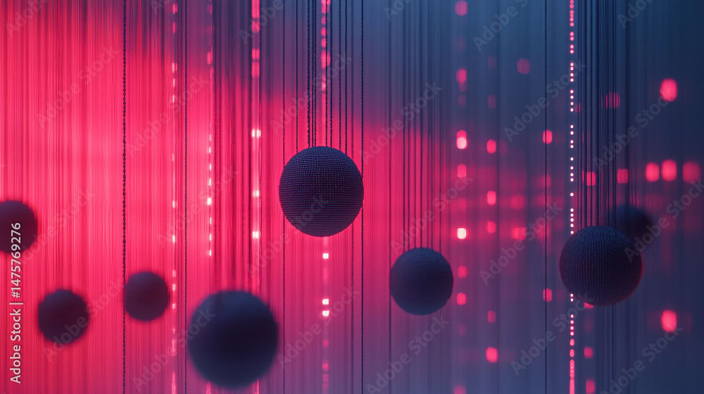 Poster colorful threads dynamically unravel in mid-air, creating a stunning textile art piece with spheres 