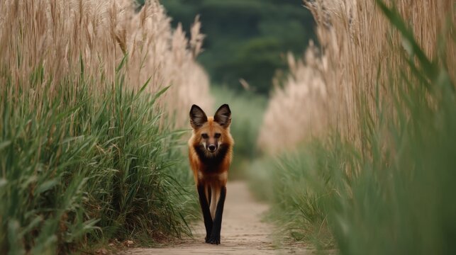 Majestic maned wolf gracefully walking down a serene path surrounded by tall grass and soft reeds in a tranquil natural setting
