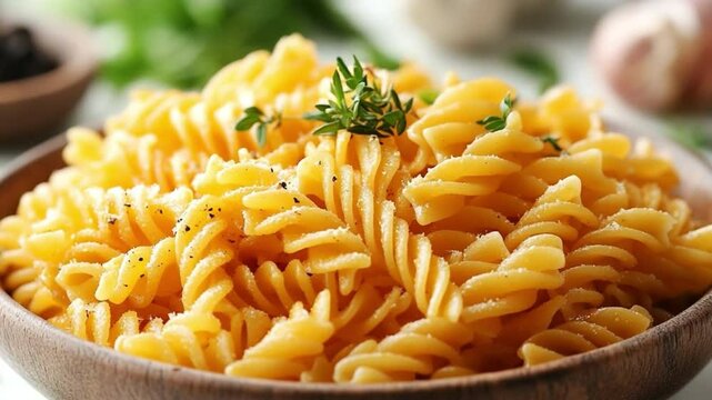 Pasta Perfection: A macro shot of perfectly cooked fusilli pasta, beautifully presented in a rustic wooden bowl. Garnished with fresh herbs, it's a culinary delight!