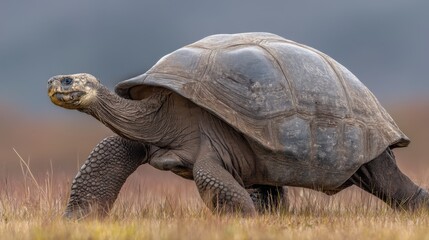 Obraz premium Majestic Giant Tortoise Crossing Lush Grassland in Natural Habitat with Soft Light and Scenic Background