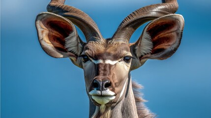 Naklejka premium Majestic Kudu Gazing Serenely Against a Vibrant Blue Sky in the Wild