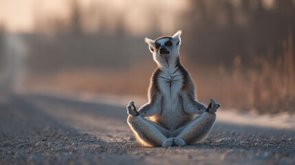 Serene Lemur Meditating at Sunrise in a Peaceful Natural Setting with Soft Light and Calm Environment