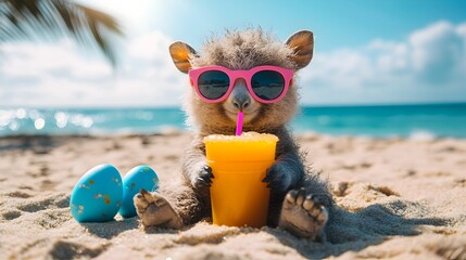 Obraz premium Adorable baby raccoon wea pink sunglasses enjoys a refreshing orange juice on a sunny tropical beach with Easter eggs.