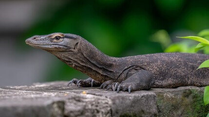 Fototapeta premium Close-Up of a Komodo Dragon Resting on a Stone Surface with Lush Green Background in Tropical Environment