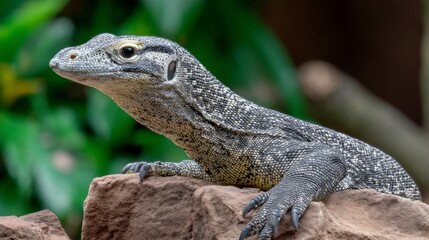 Fototapeta premium Detailed Close-Up of a Monitor Lizard Relaxing on a Rock in Natural Habitat Surrounded by Lush Greenery and Soft Lighting