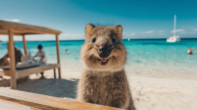 Happy quokka relaxing on a beach with turquoise water and soft sand in a vibrant summer day atmosphere