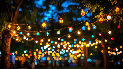 Obraz premium Colorful lights dance dynamically at the outdoor festival, casting a warm glow across the scene, illuminating a vibrant and lively celebration under the night sky.