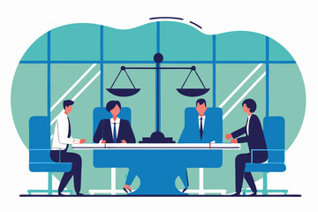 Four individuals in suits are seated around a table beneath a prominent scale of justice, likely representing a legal proceeding, negotiation, or a formal business meeting with legal implications.